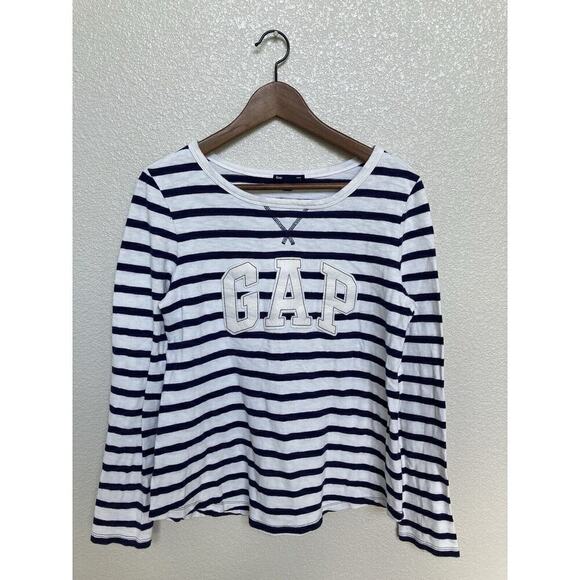 GAP blue white stripe long sleeve tshirt womens embroidered logo medium nautical - Picture 1 of 6